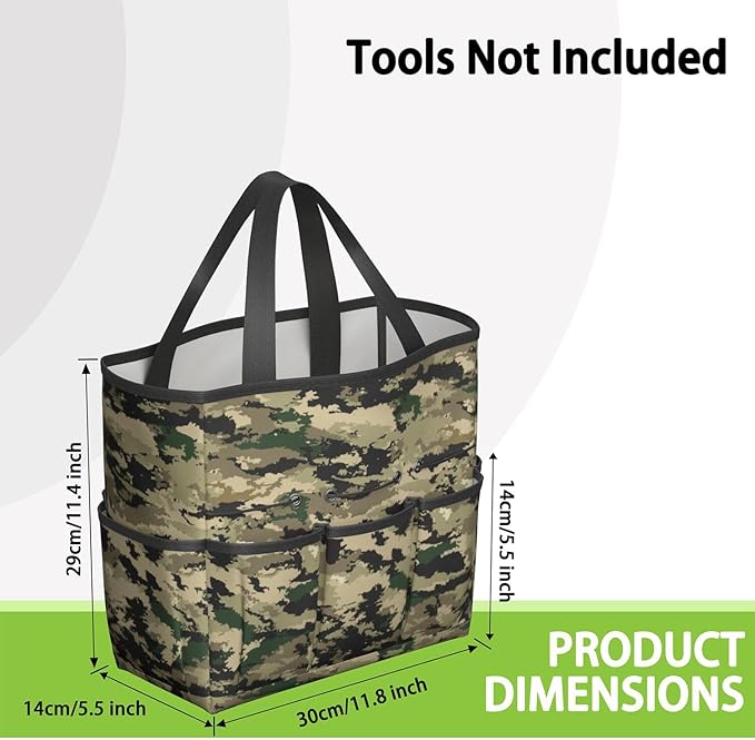 Green Camo Garden Tool Bag - Waterproof Garden Tote with 8 Pockets, Large Storage Home Organizer Gardening Tool Oxford Bag for Garden Tools Kits Holder, Ideal Outdoor Gardening Gift for Women & Men