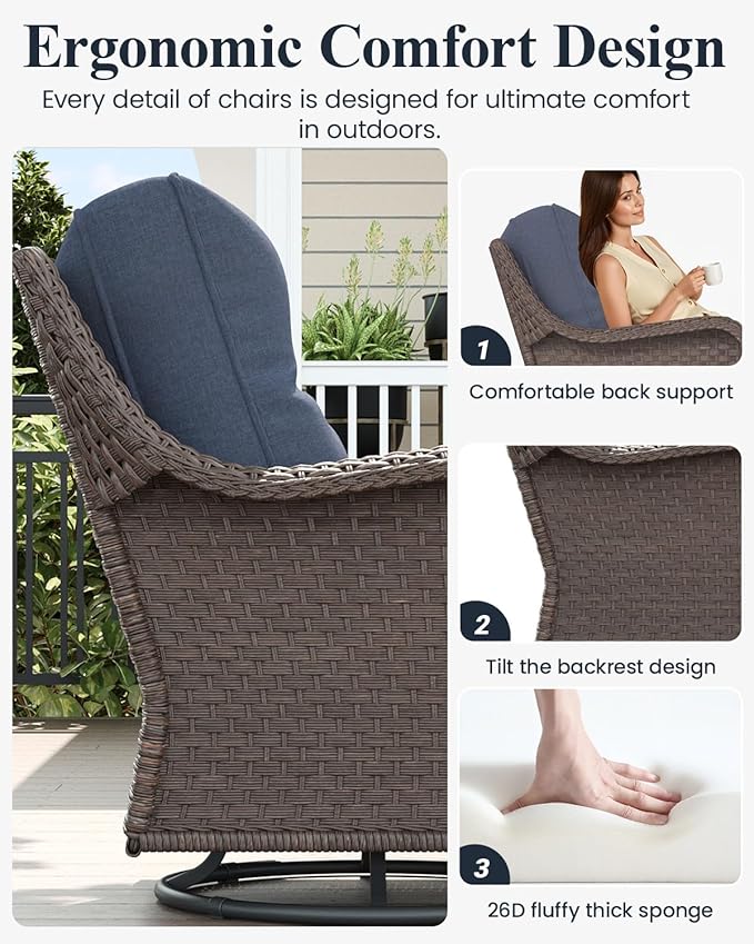 LayinSun 10 Piece Wicker Outdoor Furniture Set with 6-inch Comfy Cushions, High Back Patio Furniture Set with Swivel Rocking Chairs and Fire Pit Table