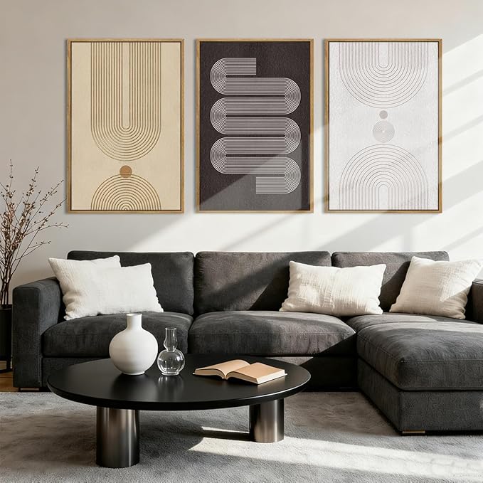 Anyzal Large Abstract Framed Wall Art 16x24 Inch Black Tan Neutral Canvas Wall Decor Modern Minimalist Geometric Line Artwork for Living Room Bedroom Set of 3