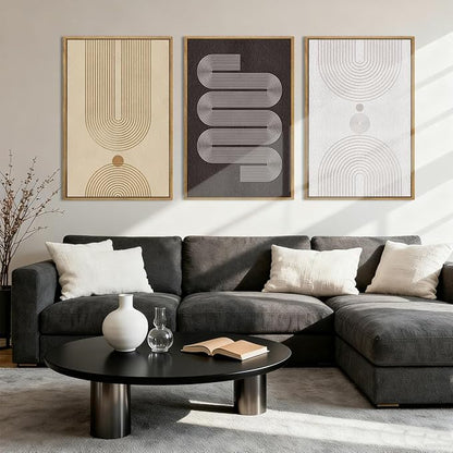 Anyzal Large Abstract Framed Wall Art 16x24 Inch Black Tan Neutral Canvas Wall Decor Modern Minimalist Geometric Line Artwork for Living Room Bedroom Set of 3