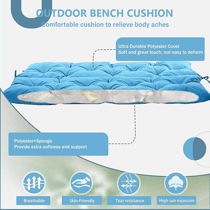 2/3 Seater Swing Replacement Cushion, Waterproof Porch Swing Cushions with Backrest, Thickened Bench Cushions for Outdoor Furniture, for Outdoor Patio Swing (Sky Blue, 60 * 40 in)