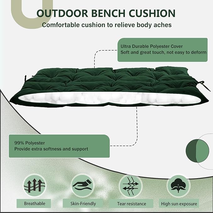 2/3 Seater Swing Replacement Cushion, Waterproof Porch Swing Cushions with Backrest, Thickened Bench Cushions for Outdoor Furniture, for Outdoor Patio Swing (Dark Green, 71 * 40in)