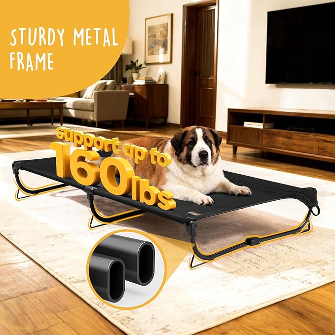 CANINE CANYON Folding Raised Dog Cot, Large Outdoor Elevated Dog Bed, Cooling Chew Proof Pet Cots Bed, Portable, Heavy Duty Up to 160 lbs, Pet Cot for Camping, Home, Black, 43"x27"x7"