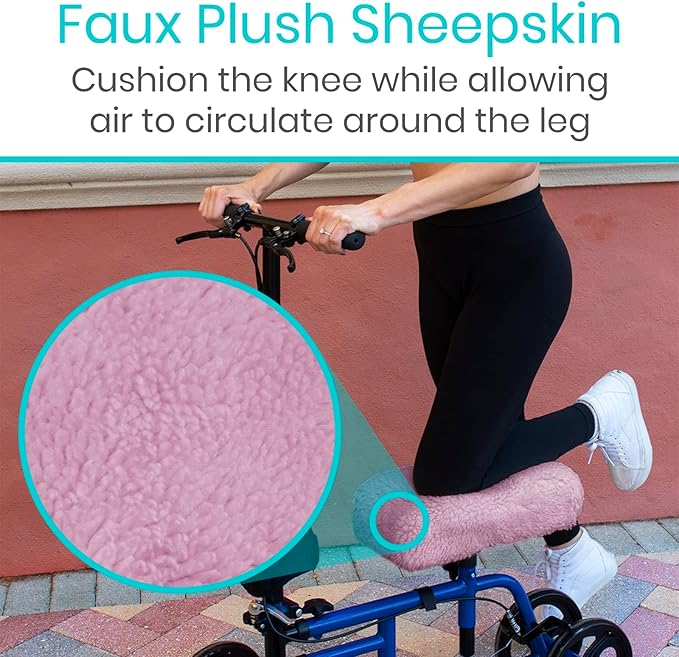 Vive Mobility Knee Scooter Pad Cover - Soft Plush Adult Sheepskin Memory Foam Cushion, Walker Accessory for Knee Roller, Padded Accessories Leg Cart Improves Comfort with Injury, Universal Fit (Pink)