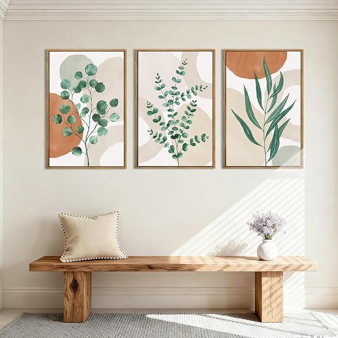Anyzal Framed Boho Botanical Wall Art Large 16x24 Inch Abstract Green Plant Canvas Wall Decor Bohemian Modern pictures Painting for Living room Bedroom Dining room Set of 3