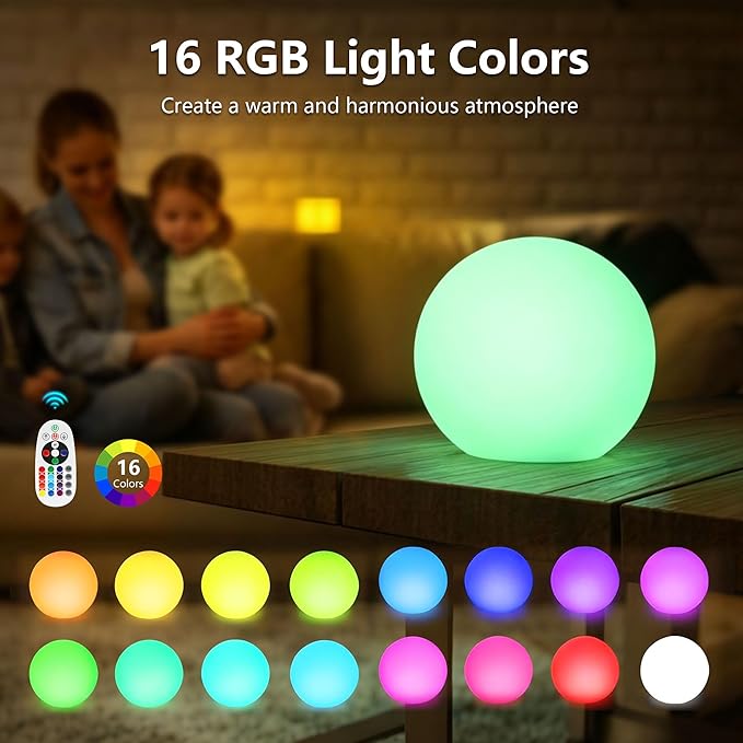 6-inch LED Light Ball,RGB Color Changing Night Light with Remote,Water Resistant,USB Rechargeable Mood Lamp for Kids Room,Bedroom,Patio,Party Decor