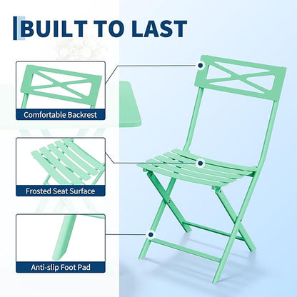 Outdoor Square Bistro Set 3 Piece, Green Iron Tube Patio Furniture Set with Square Table & 2 Chairs, Foldable Steel Backyard Deck Porch Garden , Space Saving Outdoor Dining Set for Small Spaces