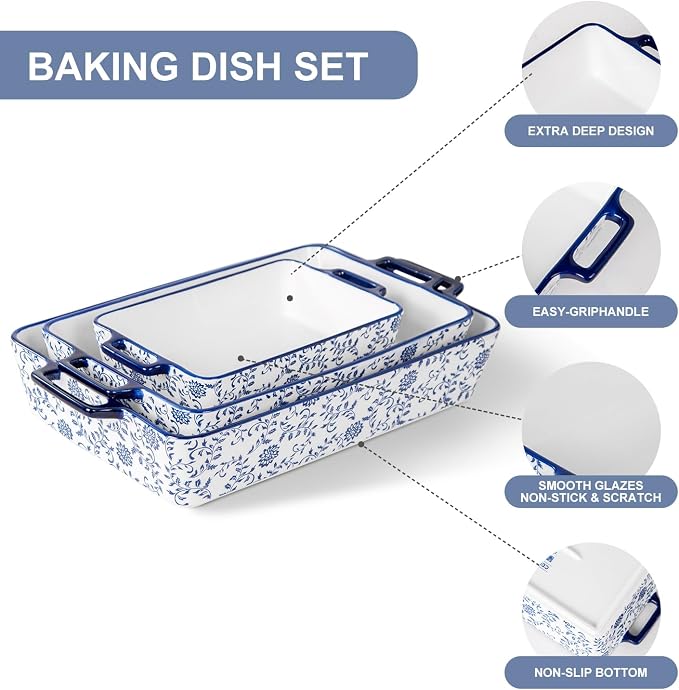 Ceramic Bakeware Set - Casserole Dish Baking Dishes for Oven - Rectangular Lasagna Pans with Handles for Kitchen Cooking - Microwave & Dishwasher Safe - Set of 3 (15.1''/13.6''/9.9'') - Blue