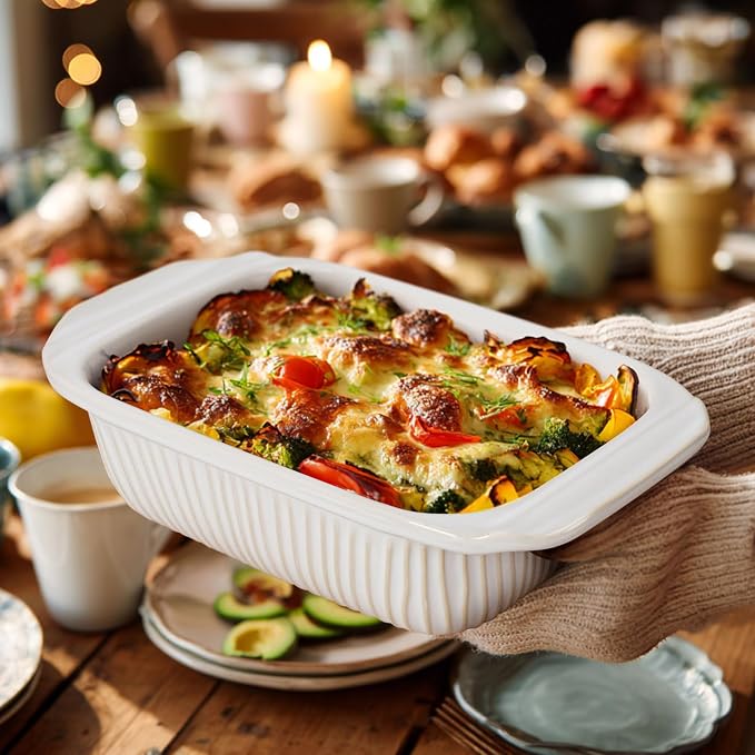 Artena Baking Dish 2.3 Quarts, Casserole Dishes For Oven, Baking Pan With Handles, Lasagna Pan Deep, Large Casserole Dish, Rectangular Ceramic Bakeware (White)