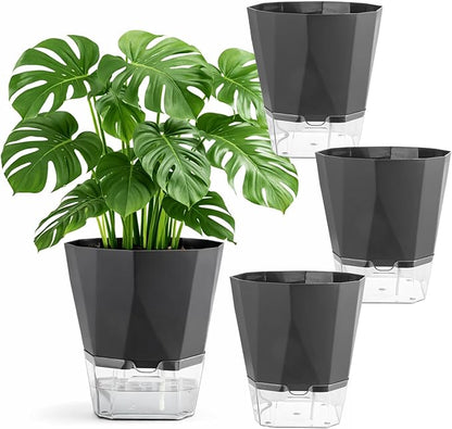 4 Pack Self Watering Pots for Indoor Plants, 10 Inches Self Watering Planters African Violet Pots Clear Pots for Herb Orchid Flower Houseplant, Dark Grey