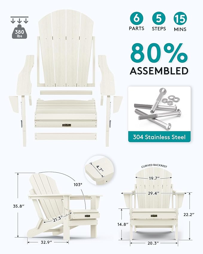 SERWALL Folding Adirondack Chair Set of 4 for Patio Garden Outdoors Fire Pit Chairs-White