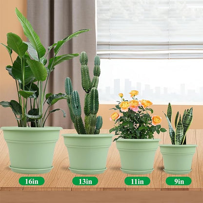 Pottiffe 11 Inch Plastic-Flower-Pot-for-Indoor-Plants, 4 Pack Large Outdoor Planter Pot with Drainage Holes & Saucers, Resin Decorative Garden Pots Planters