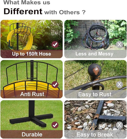 Artigarden Freestanding Garden Hose Holder Hanger, Outdoor Heavy Duty Metal Water Hose Storage Holders Stand Organizer Rack Detachable Stake, Holds 150 Ft of Hoses for Outside Lawn Yard, Black