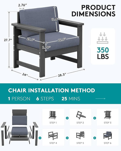 SERWALL 2 Pieces Single Cushioned Sofa Chair, Grey HDPE Outdoor Adirondack Lounge Armchair with Grey Cushion