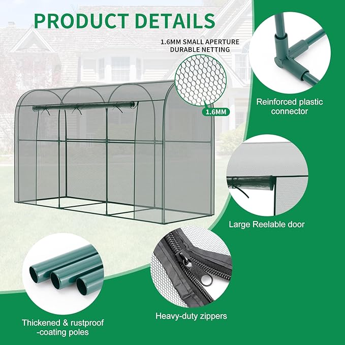 SUNYRISY Garden Plant Netting Crop Cage for Garden Raised Bed, 9.8 x 3.3 x 6 Ft Plant Cover Cage Protectors from Animal for Outdoor Plants with Frame and Zippered Door