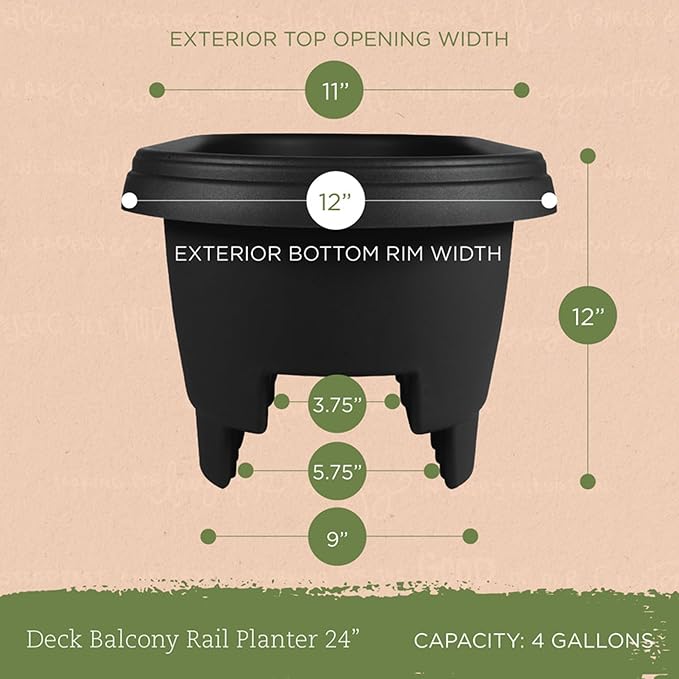 Bloem 24" Black Resin Deck Rail Round Planter, 9" H, 24" L, 12" W, Fits Rail Sizes Between 4.75" - 5.75" Wide