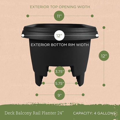 Bloem 24" Black Resin Deck Rail Round Planter, 9" H, 24" L, 12" W, Fits Rail Sizes Between 4.75" - 5.75" Wide