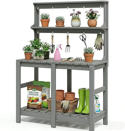 Outdoor Potting Bench with 3 Tier, All-Weather Patio Potting Table with Tool Hooks, HDPE Gardening Table for Backyard, Garden, Grey