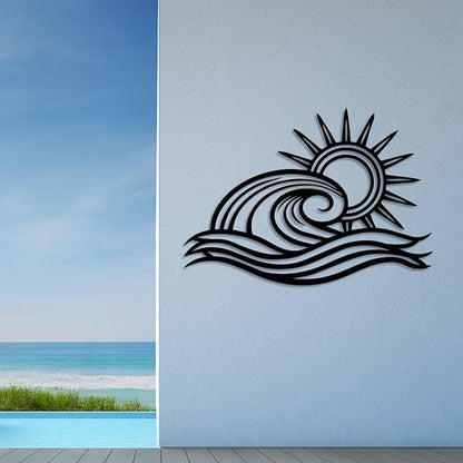 Wita Home Ocean Wave Metal Wall Art, Sun Beach Decor, Coastal Large Wall Sculpture for Home, Indoor/Outdoor Use, Nautical Wall Hanging, Eye-Catching Addition to Living Room (Red, 40 x 23 inches)
