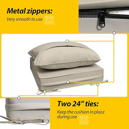 AAAAAcessories Outdoor Seat Cushions for Chairs, Fade-Resistant, Waterproof Patio Furniture Replacement Cushions, 24" x 24" x 5" + 24" x 19", Beige