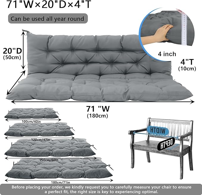 Outdoor Swing Cushions 3 Seater Waterproof, Replacement Bench Cushions for Outdoor Patio Furniture with Backrest, Porch Swing Cushion with Ties for Lawn and Garden (Light Gray, 40x71in)