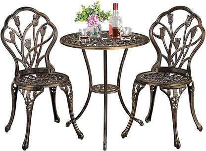 3-Piece Outdoor Bistro Set Cast Aluminum Patio bar Set with Umbrella Hole, Balcony, Backyard (Bronze, Tulip)