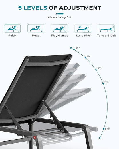 Patio Chaise Lounge Chair, Foldable Lounge Chair for Outside, Aluminum Chairs Set of 2 with 5 Adjustable Backrest, Outdoor Pool Lounger for Poolside, Lawn, Deck, Black