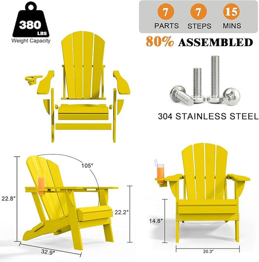 Folding Adirondack Chairs with Cup Holders, Set of 4 HDPE Plastic Outdoor Chairs, Weather Resistant, Real Wood Look, Heavy-Duty Patio Furniture for Deck, Fire Pit, Backyard, Yellow