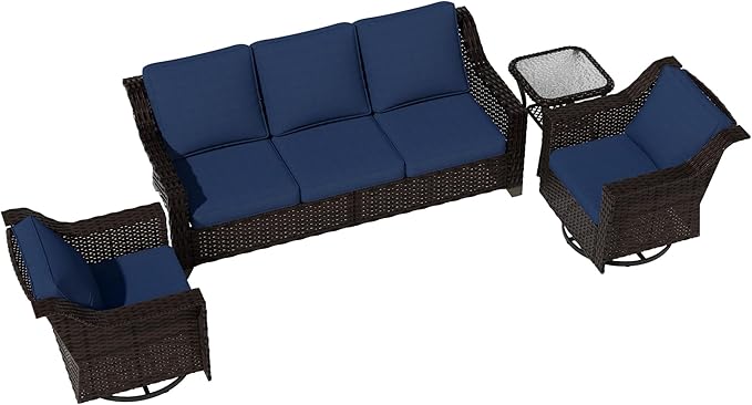Vista Vibe 4 Pieces Outdoor Patio Conversation Furniture Set - 78" 3-Seat Sofa | 2 Swivel Glider Rocker Chairs | Wicker End Table, Rattan Loveseat, Upholstered Couch, Garden, Deck (Brown/Navy)