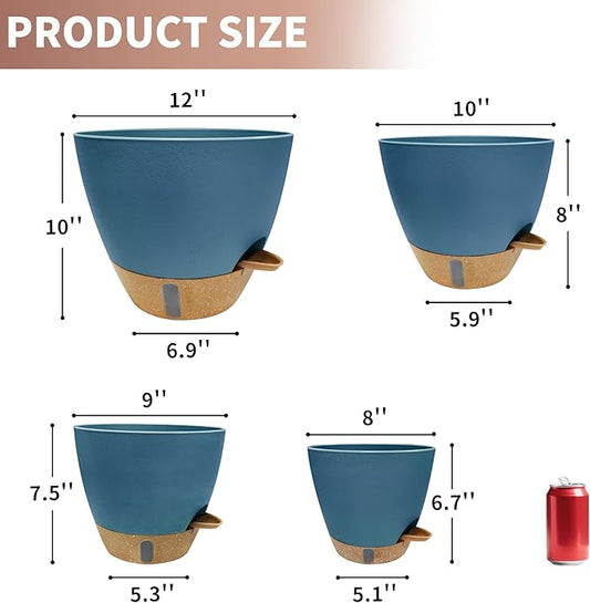 12"/10"/9"/8" Self Watering Pots with Visual Water Window,Extra Large Self Watering Plant Pots with Drainage Holes & Saucers,Blue Planters for Indoor Plants,4-Pack