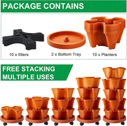 Umigy 2 Set 5 Tier Stackable Planters Vertical Garden Planters for Strawberry Herb Flower and Vegetable Indoor Outdoor Gardening Pots with Removable Wheels and Bottom(Terracotta)