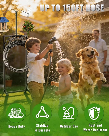 5-Spike Garden Hose Holder Freestanding with 2 Shepherds Hooks, Heavy Duty Water Hose Stand for Outside, Decorative Metal Hose Hanger Rack for Hanging Bird Feeders, Hose Storage for Yard