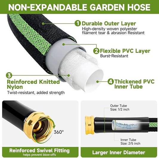 Garden Hose 100 ft Flexible Non-Expandable Water Hose Kink-Free Lightweight Leak-Proof High Pressure Durable Outdoor Portable Fabric Hoses Pipe with 3/4” Sturdy Fittings for Yard Lawn Car Wash