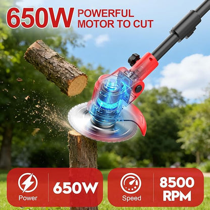 Cordless Weed Wacker with Wheels, 650W Electric Weed Trimmer, 2x2.0Ah 21V Battery Powered, 3 Types Blades Weed Eater Brush Cutter, String Trimmer Lawn Mower Edger Tool for Garden Yard