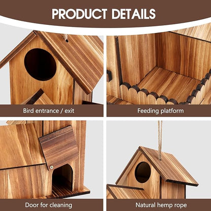 Bird Houses for Outside, Outdoor 3-Hole Large Birdhouse Bird Feeder for Bluebirds, Finches, Cardinals and Yellow Finches, Wooden Hanging Edible Wild Bird Nest Garden Decorative