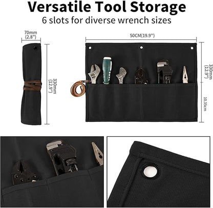 Chisel Roll,Small Tool Roll Pouch,Tool Roll Bag Organizer, Heavy Duty Waxed Canvas Tool Bag, Multi-Purpose Roll-Up Storage Bag for Hand Tools Holder with 6 Pockets Wrench Roll Up Pouch