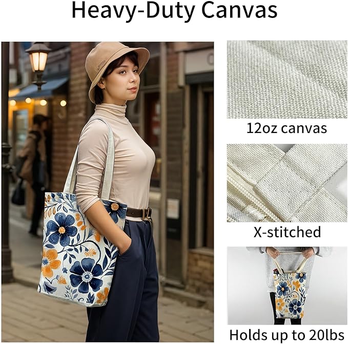 itgowisa Canvas Tote Bag for Women, Tote Bag with Zipper Inner Pocket, Zippered Canvas Bag for Shopping Work Grocery Everyday