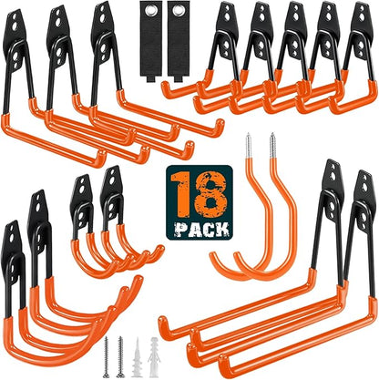 HUPBIPY 18 Pack Garage Hooks Heavy Duty Utility Steel with Anti-Slip Coating Wall Mount Storage Organizer for Hanging Power and Garden Tools, Ladders, Hose, Bikes, Ropes, Bulk Items, and More