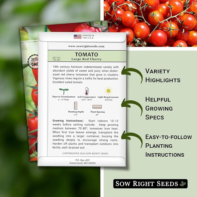 Sow Right Seeds - Large Red Cherry Tomato Seeds for Planting - Non-GMO Heirloom Packet with Instructions to Plant a Home Vegetable Garden - Tasty Snacking Variety, Start Indoors - Indeterminate (4)
