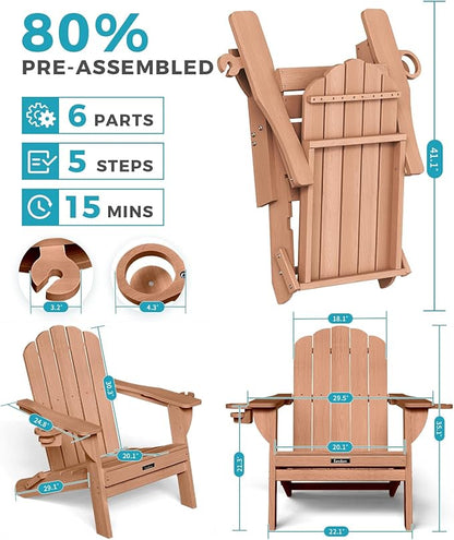Adirondack Chairs Set of 6, Fire Pit Chairs, Wood Texture Patio Chairs with 2 Cup Holder, Outdoor Lawn Chair, Teak