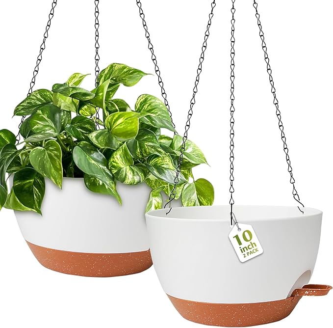 GARDIFE Hanging Planters for Indoor Outdoor Plants, 2 Pack Self Watering Hanging Pot with Drainage Holes & Removable Tray (White, 10 inch)