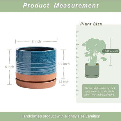 HERDUK 8 Inch Pots for Plants, Ceramic Planter Pot with Drainage Hole & Saucer, Indoor/Outdoor Cylinder Round Planter Pot, Blue & Terracotta