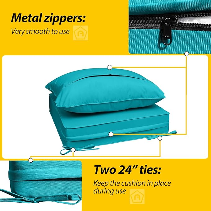 AAAAAcessories Outdoor Seat Cushions for Chairs, Fade-Resistant, Waterproof Patio Furniture Replacement Cushions, 24" x 24" x 5" + 24" x 19", Turquoise Blue