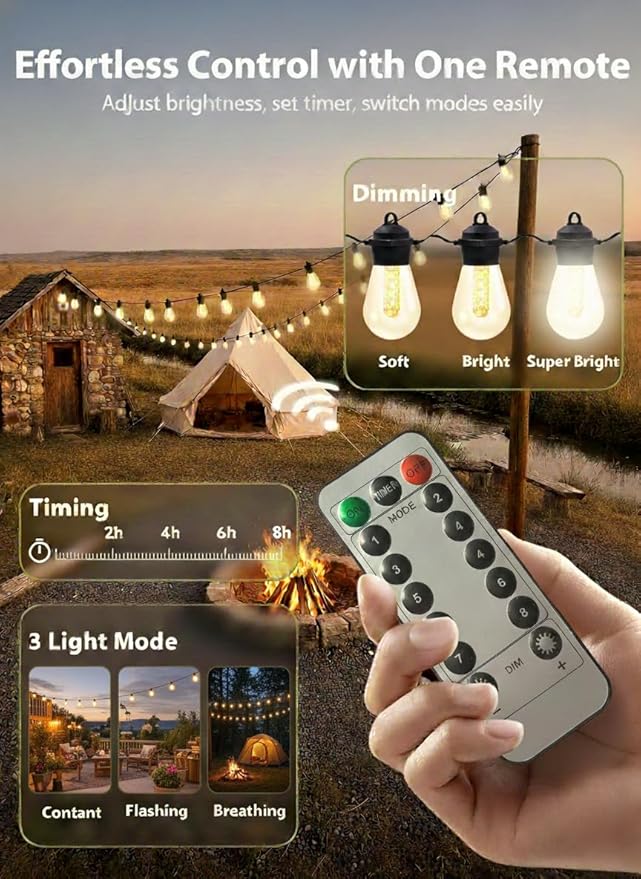 Outdoor Solar String Lights S14, 36FT Patio Lights with 15 LED Bulbs, 3000K Solar Lights Outdoor with Remote & App Control, Solar String Lights for Outside, Camping, Yard, Party Decor, Warm White