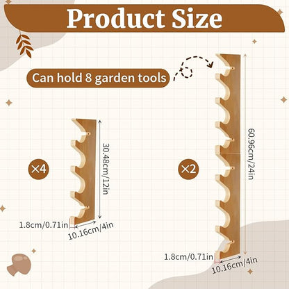 Beeveer 2 Pairs Pine Wood Garden Tool Organizer Wall Mount Garage Shed Yard Organization Racks Horizontal Garden Tool Holder for Wall Shovels Rakes Long Handled Objects Storage, 8 Slots in Total