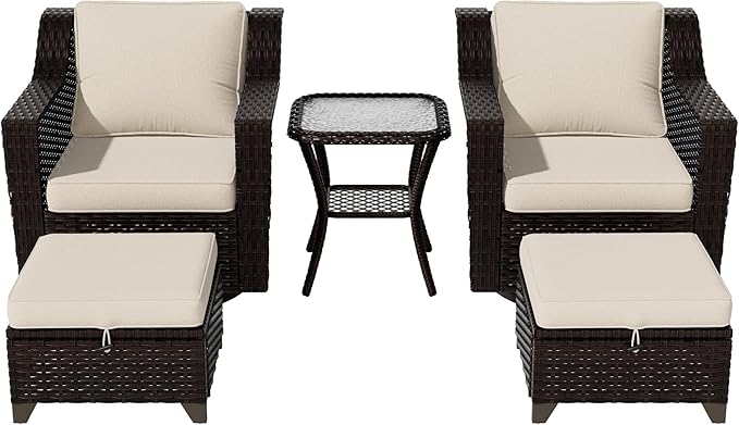 Vista Vibe 5 Pieces Outdoor Rattan Patio Conversation Furniture Set - 360 Degree Swivel Glider Rocker Chairs | Coffee Table | 2 Wicker Ottomans, Premium & Washable Cushions, Terrace (Brown/Beige)
