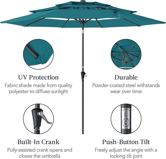 Best Choice Products 10ft 3-Tier Market Patio Umbrella, Outdoor Sun Shade with Tilt, Crank Lift, 8 Ribs for Backyard, Deck, Poolside – Cerulean