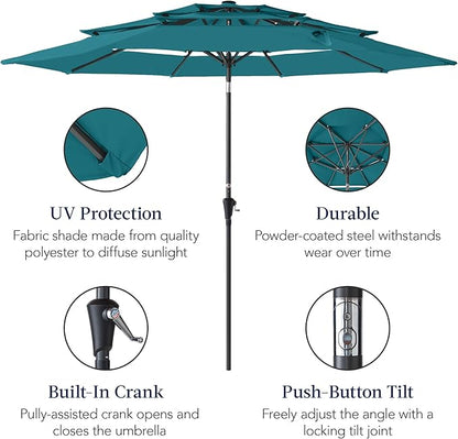 Best Choice Products 10ft 3-Tier Market Patio Umbrella, Outdoor Sun Shade with Tilt, Crank Lift, 8 Ribs for Backyard, Deck, Poolside – Cerulean