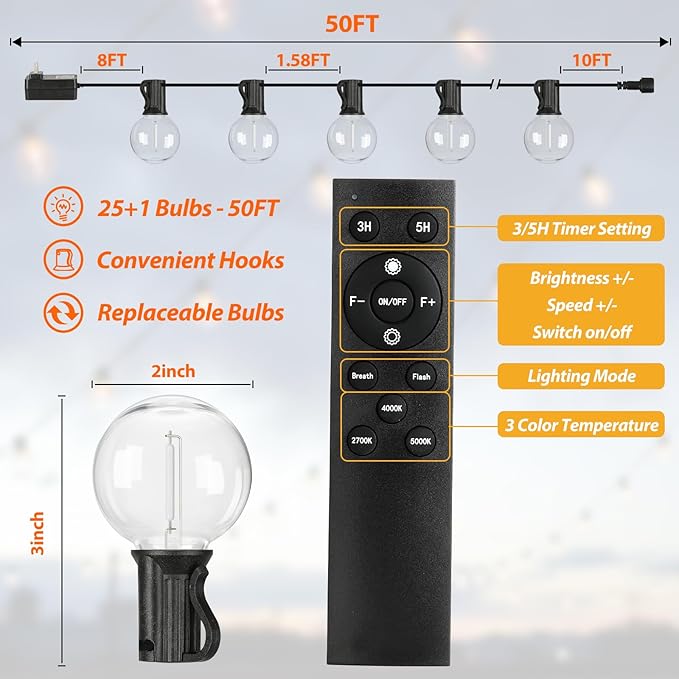 50FT Outdoor String Lights with 3 Color Lights, Dimmable G40 Globe String Lights for Outside with Remote, Waterproof Patio Lights with 25+1 Shatterproof Bulbs for Wedding Party Backyard Home Christmas