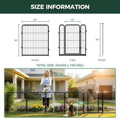 FXW Garden Fence Outdoor for the Yard – 32in(H) x 109.4ft(L) Heavy Duty Metal Animal Barrier for Dog, No Dig Decorative Dog Fence, 48 Panels, Black